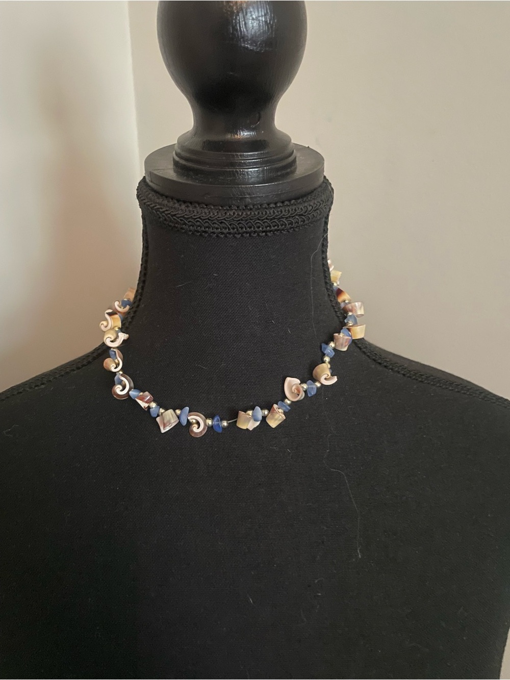 Blue and Gold Shell Bead Choker Necklace